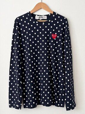 Comme des Garcons Play Long Sleeve Crewneck T-Shirt Size M Navy White Polka Dots